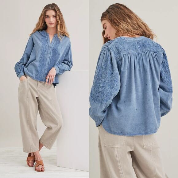 Anthropologie Seen Worn Kept Embroidered Cotton Flare-Sleeve Blouse Blue Size 4 - Picture 1 of 15